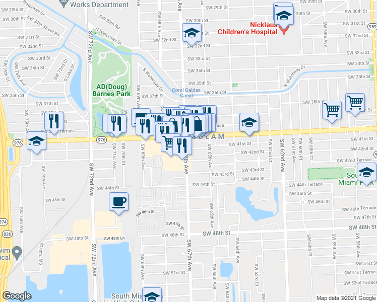 map of restaurants, bars, coffee shops, grocery stores, and more near 6966 Southwest 41st Street in Miami
