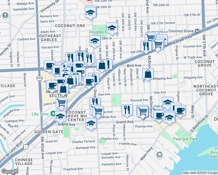 map of restaurants, bars, coffee shops, grocery stores, and more near 3157 Plaza Street in Miami