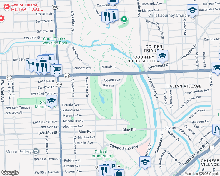 map of restaurants, bars, coffee shops, grocery stores, and more near 4200 Santa Maria Street in Coral Gables