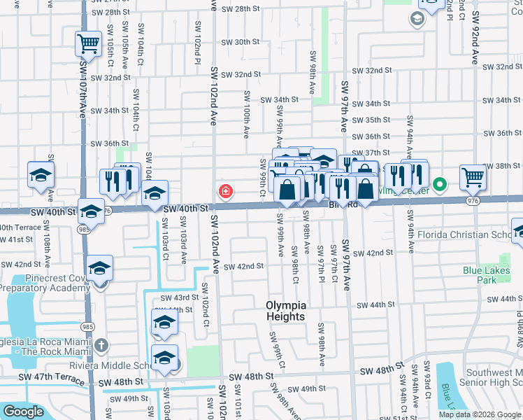 map of restaurants, bars, coffee shops, grocery stores, and more near 9930 Florida 976 in Olympia Heights