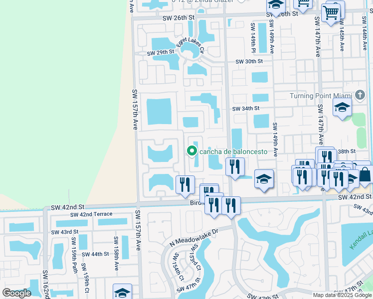 map of restaurants, bars, coffee shops, grocery stores, and more near 3748 Southwest 153rd Place in Miami