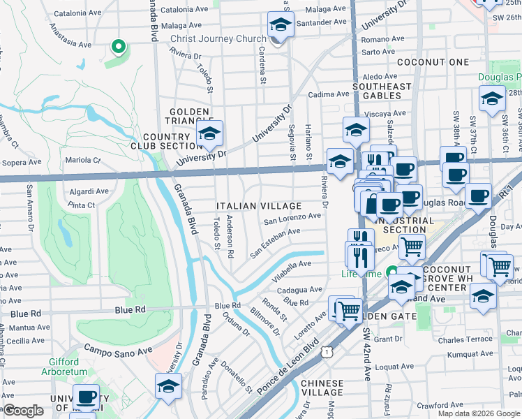map of restaurants, bars, coffee shops, grocery stores, and more near 644 Altara Avenue in Coral Gables