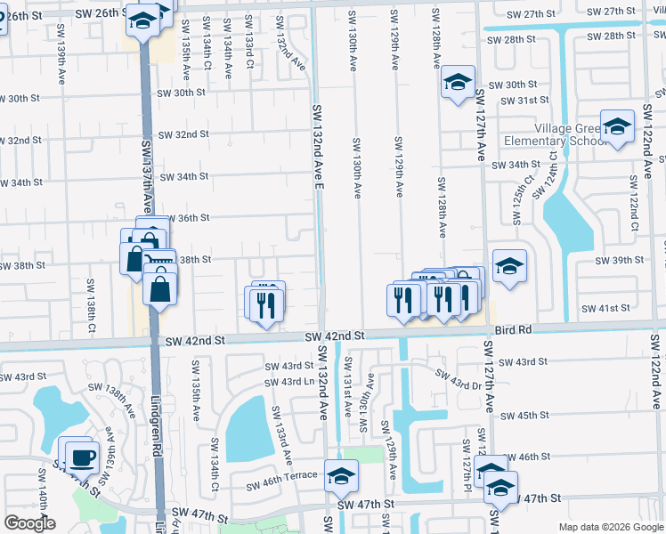 map of restaurants, bars, coffee shops, grocery stores, and more near 3825 Southwest 132nd Avenue East in Miami