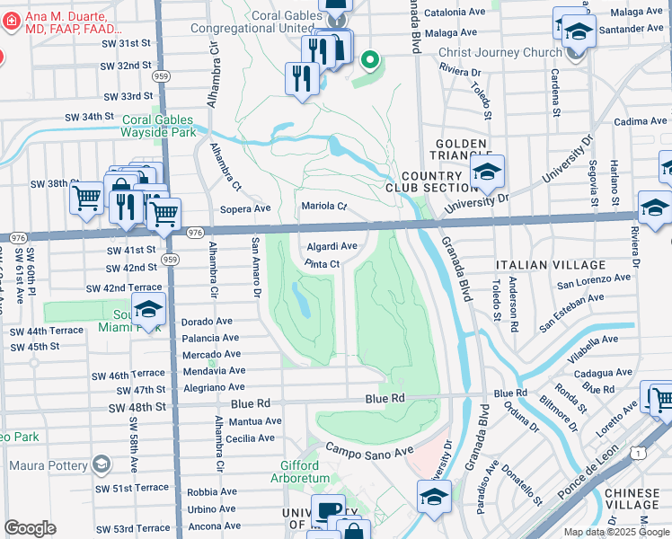 map of restaurants, bars, coffee shops, grocery stores, and more near 4200 Santa Maria Street in Coral Gables