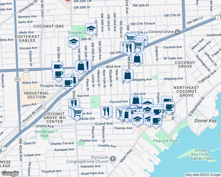 map of restaurants, bars, coffee shops, grocery stores, and more near 3152 Elizabeth Street in Miami