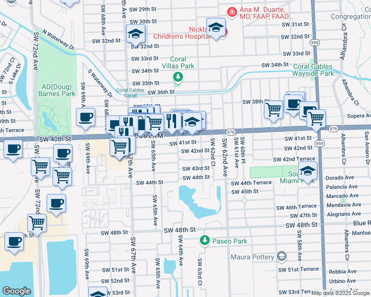 map of restaurants, bars, coffee shops, grocery stores, and more near 6367 Southwest 42nd Street in Miami