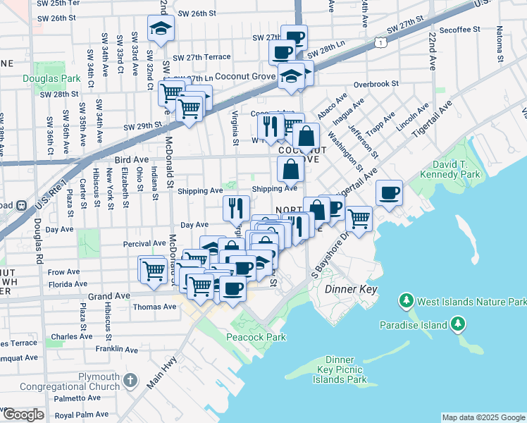 map of restaurants, bars, coffee shops, grocery stores, and more near 3159 Mary Street in Miami