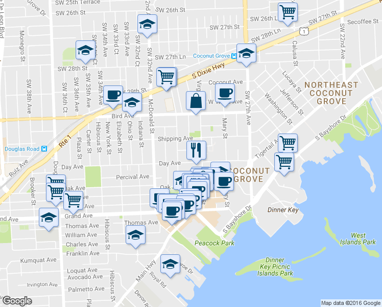 map of restaurants, bars, coffee shops, grocery stores, and more near 3050 Orange Street in Miami
