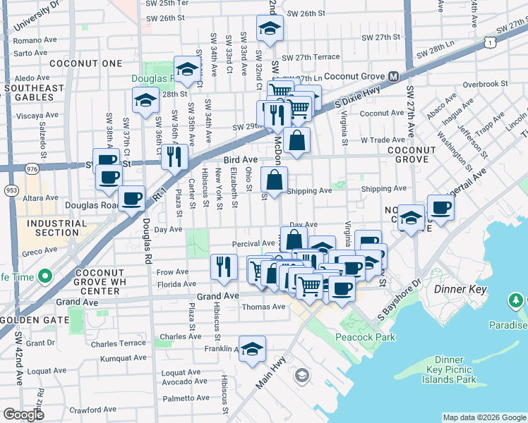 map of restaurants, bars, coffee shops, grocery stores, and more near 3148 Indiana Street in Miami