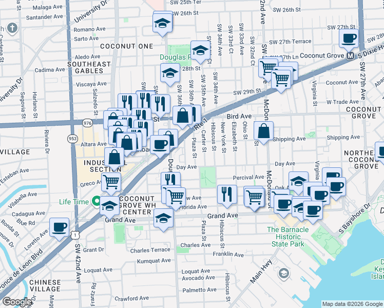 map of restaurants, bars, coffee shops, grocery stores, and more near 3127 Plaza Street in Miami