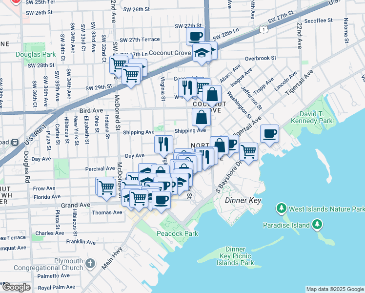 map of restaurants, bars, coffee shops, grocery stores, and more near 3160 Mary Street in Miami