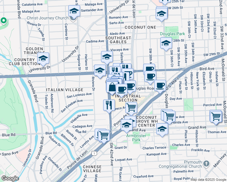 map of restaurants, bars, coffee shops, grocery stores, and more near 4231 South Le Jeune Road in Coral Gables
