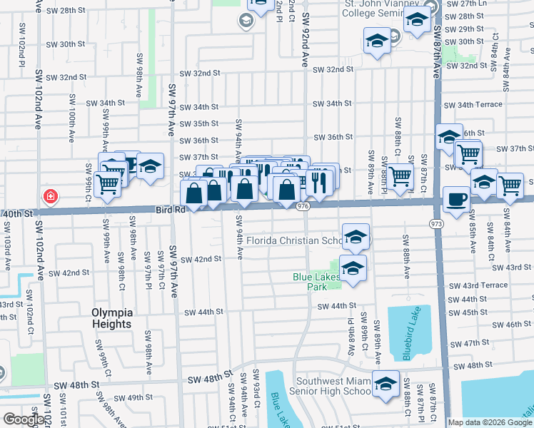map of restaurants, bars, coffee shops, grocery stores, and more near 9300 SW 40th St in Miami