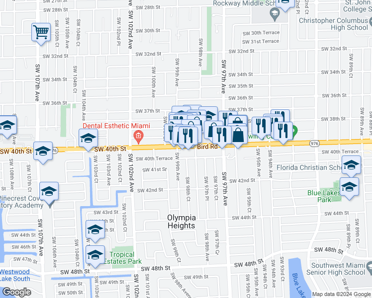 map of restaurants, bars, coffee shops, grocery stores, and more near 9868 Southwest 40th Street in Olympia Heights