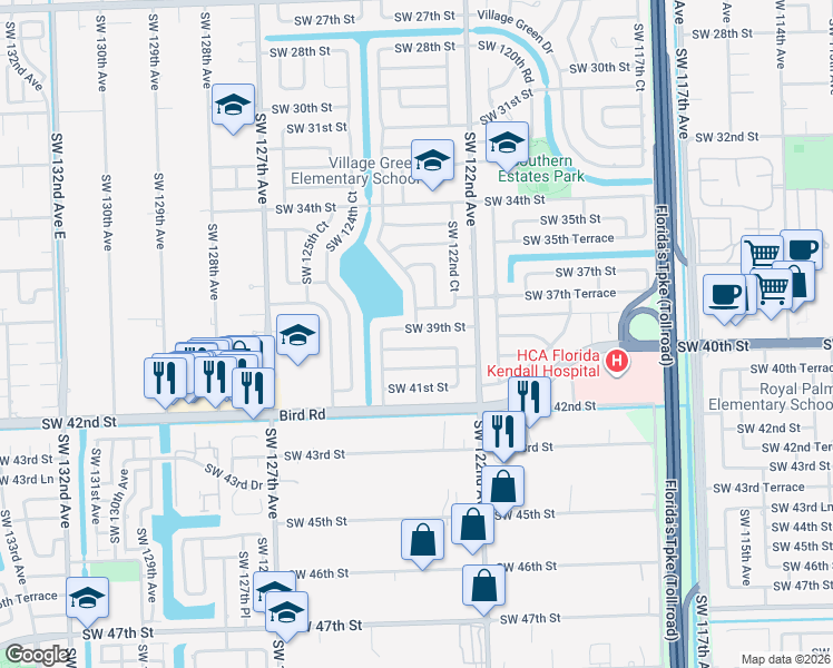 map of restaurants, bars, coffee shops, grocery stores, and more near 12320 Southwest 39th Street in Miami