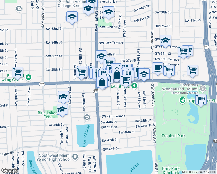 map of restaurants, bars, coffee shops, grocery stores, and more near 8518 Bird Road in Miami
