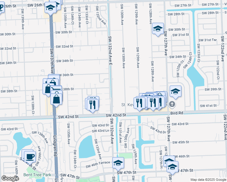 map of restaurants, bars, coffee shops, grocery stores, and more near 3825 Southwest 132nd Avenue East in Miami