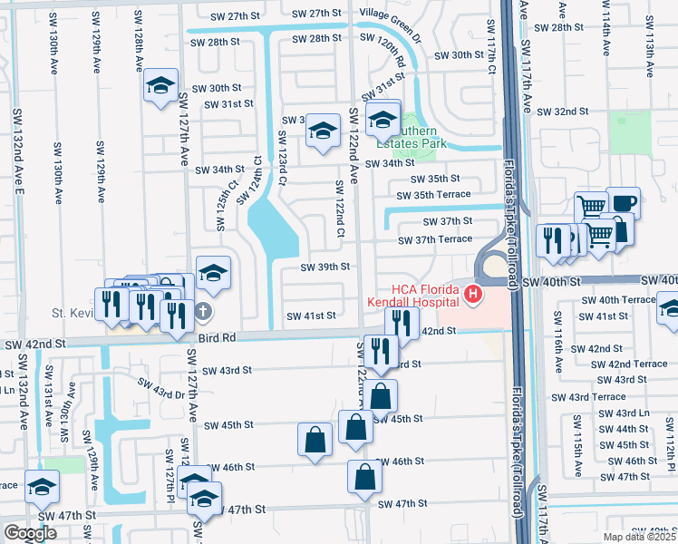 map of restaurants, bars, coffee shops, grocery stores, and more near 12230 Southwest 39th Street in Miami