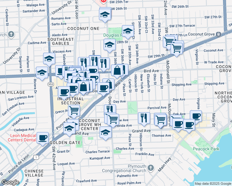 map of restaurants, bars, coffee shops, grocery stores, and more near 3150 Mundy Street in Miami