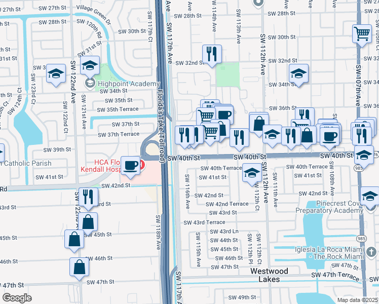 map of restaurants, bars, coffee shops, grocery stores, and more near 11585 Southwest 40th Street in Miami