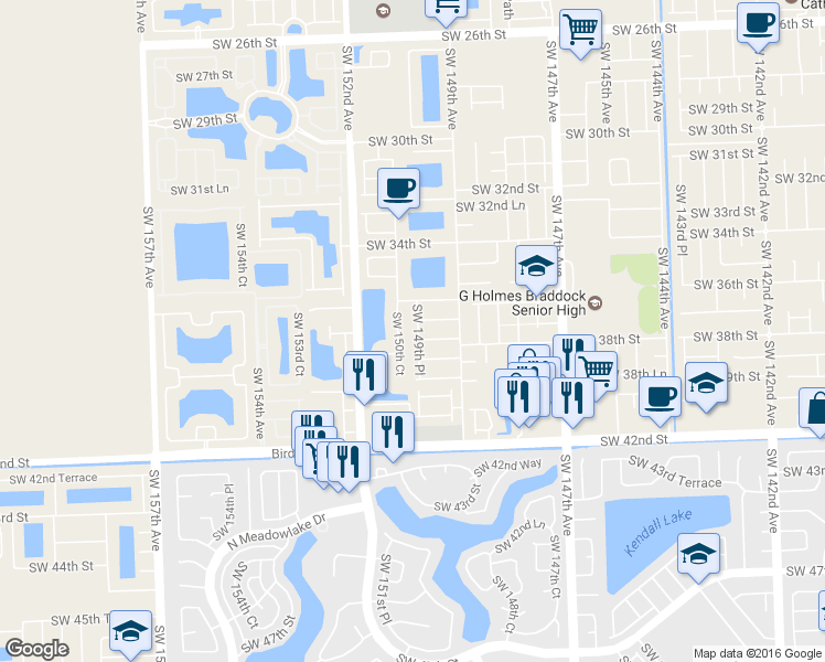 map of restaurants, bars, coffee shops, grocery stores, and more near 3720 Southwest 149th Place in Miami