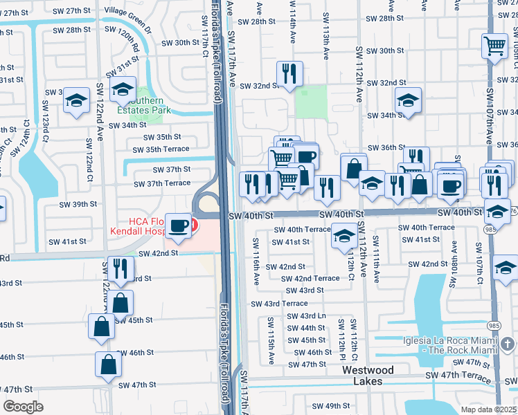 map of restaurants, bars, coffee shops, grocery stores, and more near 11585 Southwest 40th Street in Miami