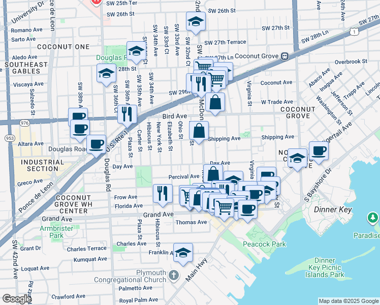 map of restaurants, bars, coffee shops, grocery stores, and more near 3148 Indiana Street in Miami