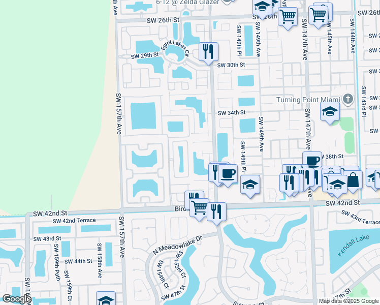 map of restaurants, bars, coffee shops, grocery stores, and more near 3707 Southwest 153rd Court in Miami