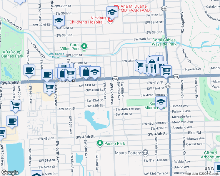 map of restaurants, bars, coffee shops, grocery stores, and more near 4124 Southwest 62nd Avenue in Miami