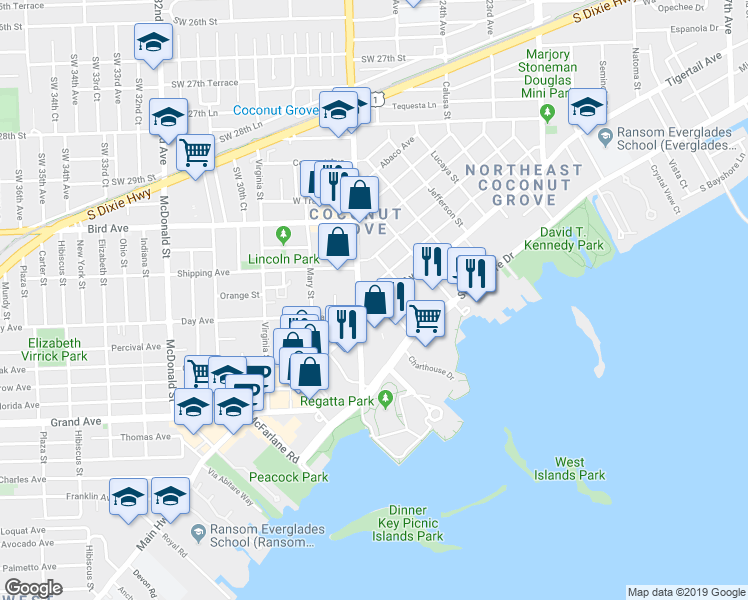 map of restaurants, bars, coffee shops, grocery stores, and more near 2663 Tigertail Avenue in Miami