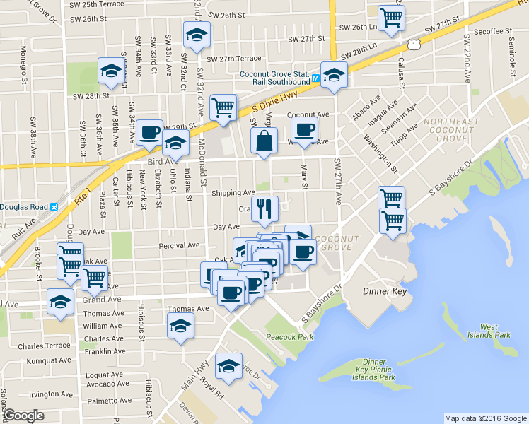 map of restaurants, bars, coffee shops, grocery stores, and more near 3050 Orange Street in Miami