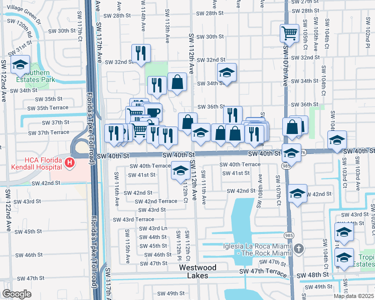 map of restaurants, bars, coffee shops, grocery stores, and more near 11201 Southwest 40th Street in Miami