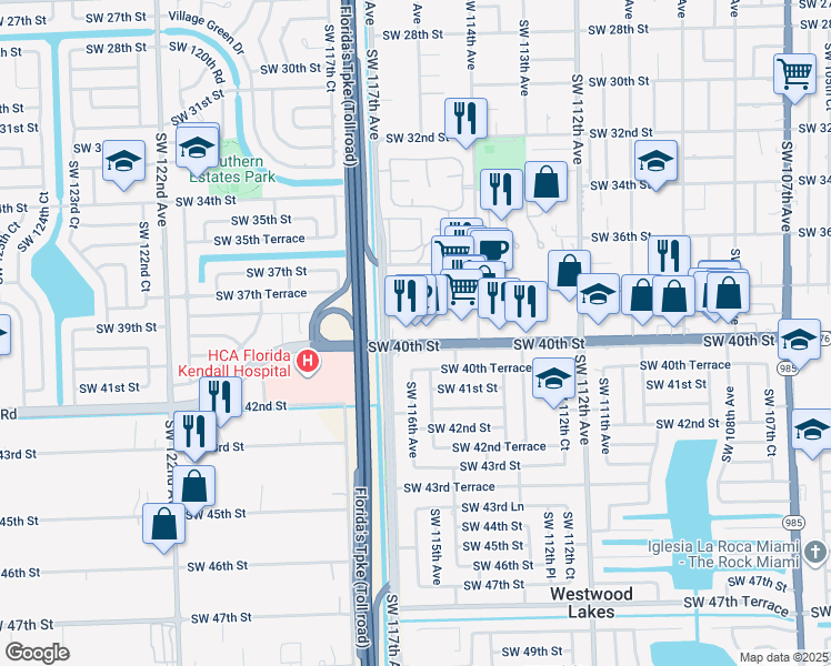 map of restaurants, bars, coffee shops, grocery stores, and more near 11585 Southwest 40th Street in Miami