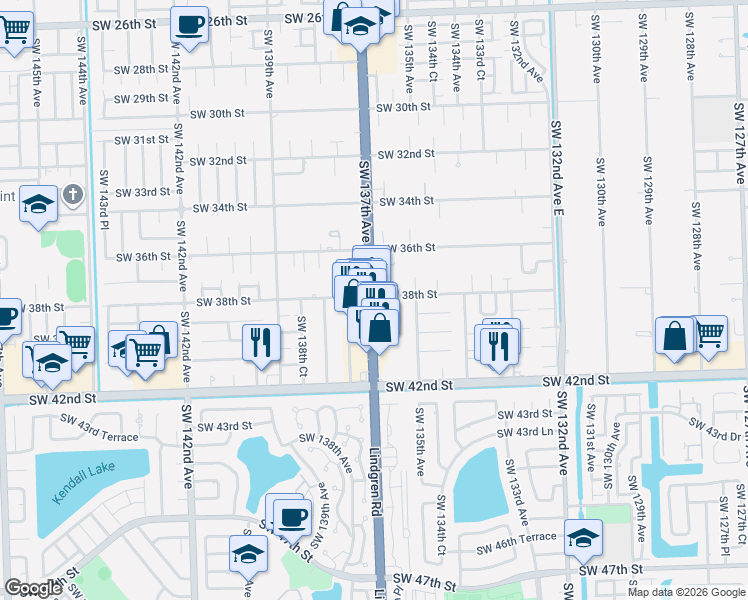 map of restaurants, bars, coffee shops, grocery stores, and more near 13655 Southwest 42nd Street in Miami