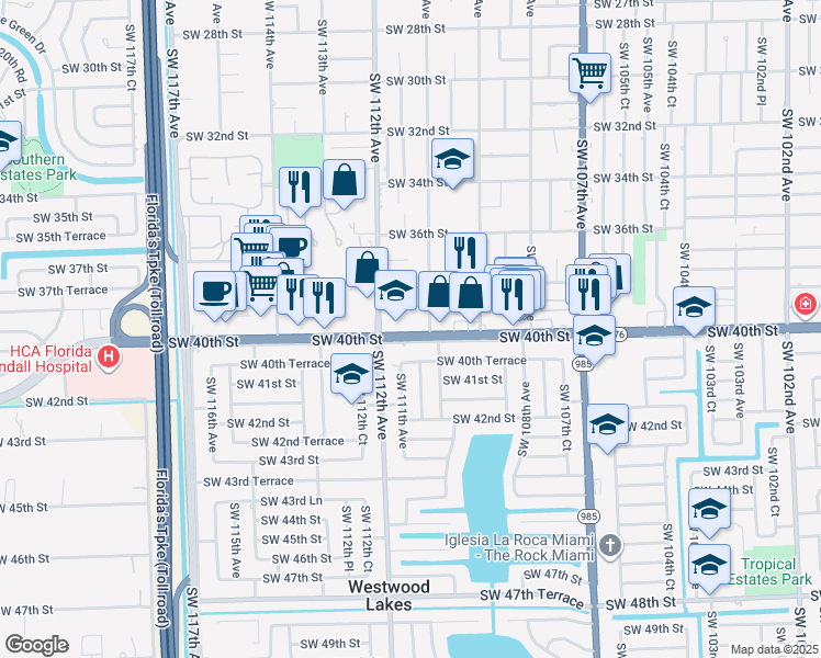 map of restaurants, bars, coffee shops, grocery stores, and more near 11035 Bird Road in Miami