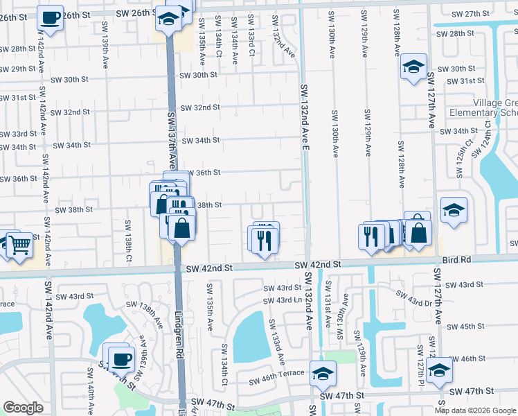 map of restaurants, bars, coffee shops, grocery stores, and more near 3810 Southwest 133rd Court in Miami