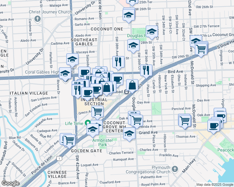 map of restaurants, bars, coffee shops, grocery stores, and more near 3150 Southwest 38th Avenue in Miami