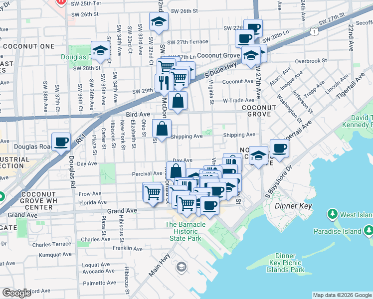 map of restaurants, bars, coffee shops, grocery stores, and more near 3162 Matilda Street in Miami