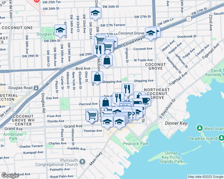 map of restaurants, bars, coffee shops, grocery stores, and more near 3162 Matilda Street in Miami