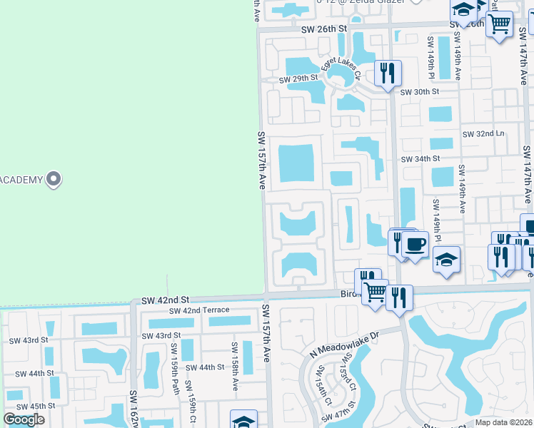 map of restaurants, bars, coffee shops, grocery stores, and more near 3654 Southwest 156th Court in Miami