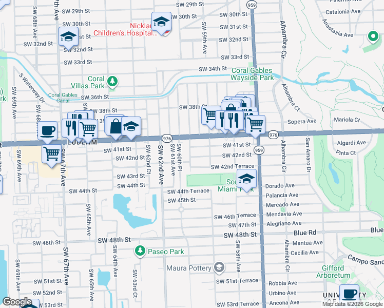 map of restaurants, bars, coffee shops, grocery stores, and more near 5985 Southwest 42nd Street in Miami