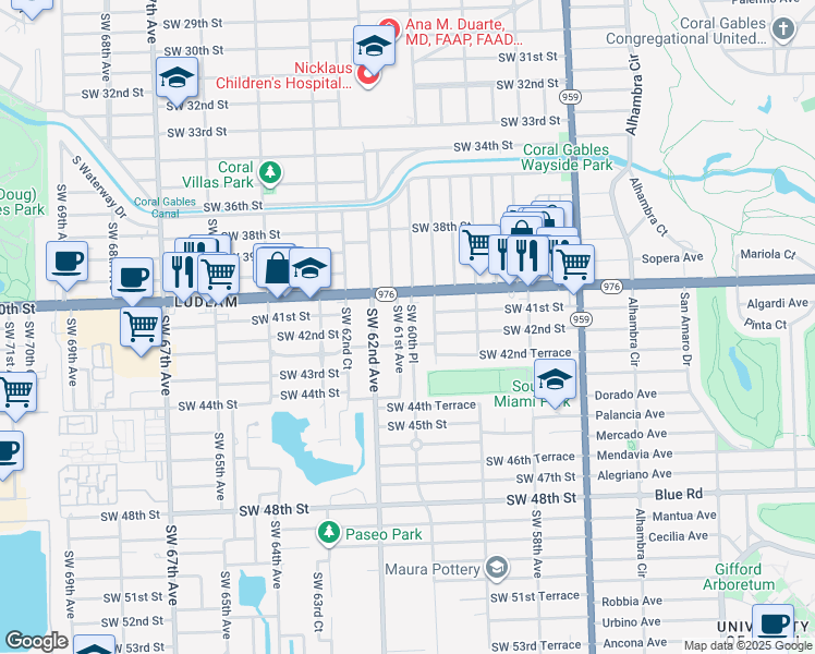 map of restaurants, bars, coffee shops, grocery stores, and more near 4124 Southwest 60th Place in Miami