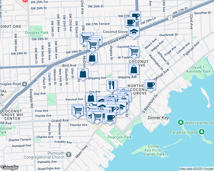 map of restaurants, bars, coffee shops, grocery stores, and more near 3050 Orange Street in Miami