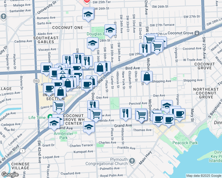 map of restaurants, bars, coffee shops, grocery stores, and more near 3145 Plaza Street in Miami