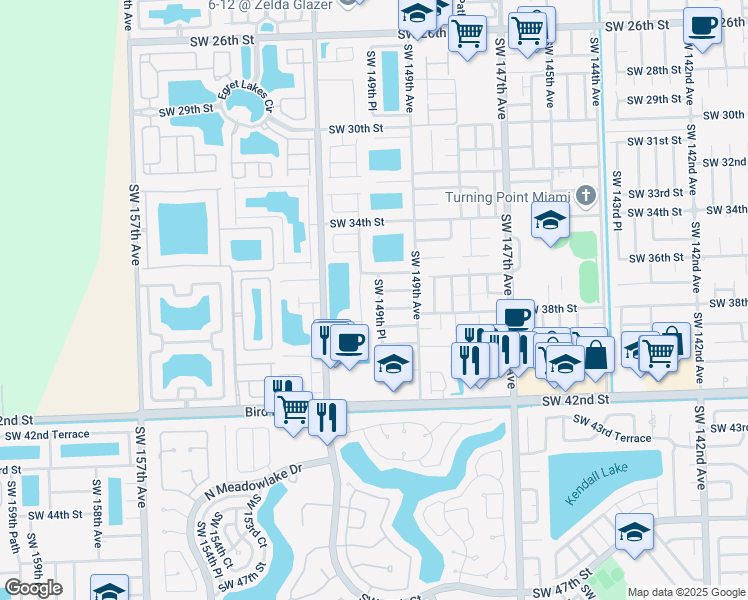 map of restaurants, bars, coffee shops, grocery stores, and more near 3720 Southwest 149th Place in Miami