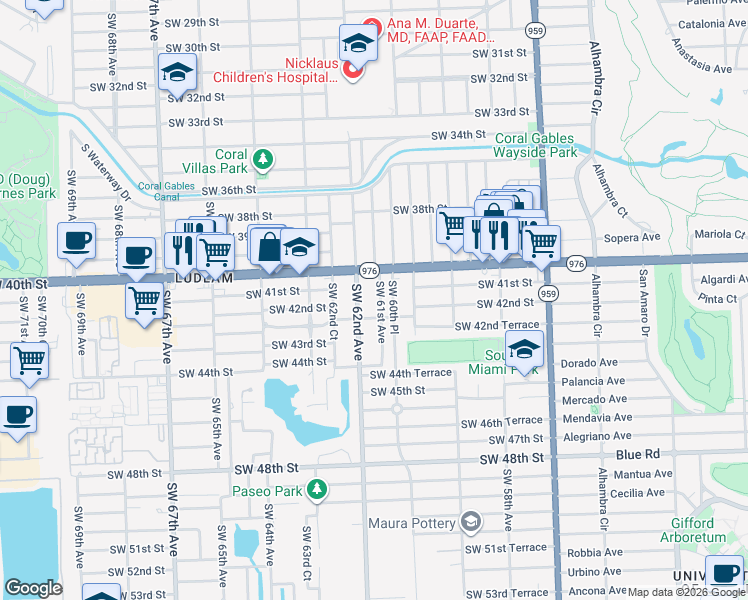 map of restaurants, bars, coffee shops, grocery stores, and more near 4124 Southwest 60th Place in Miami