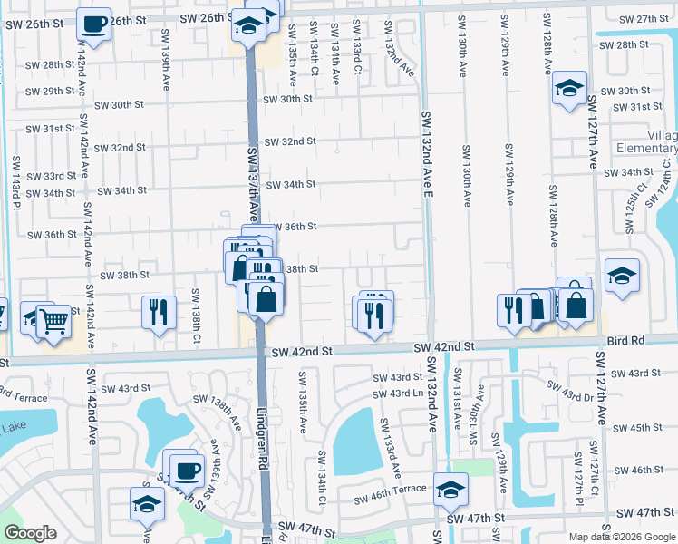 map of restaurants, bars, coffee shops, grocery stores, and more near 13400 Southwest 38th Street in Miami