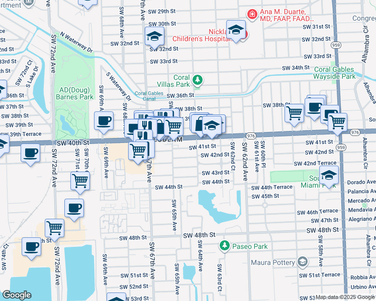 map of restaurants, bars, coffee shops, grocery stores, and more near 6434 Southwest 41st Street in Miami
