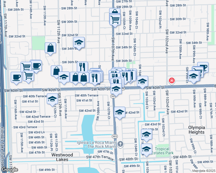 map of restaurants, bars, coffee shops, grocery stores, and more near 10737 Southwest 40th Street in Miami