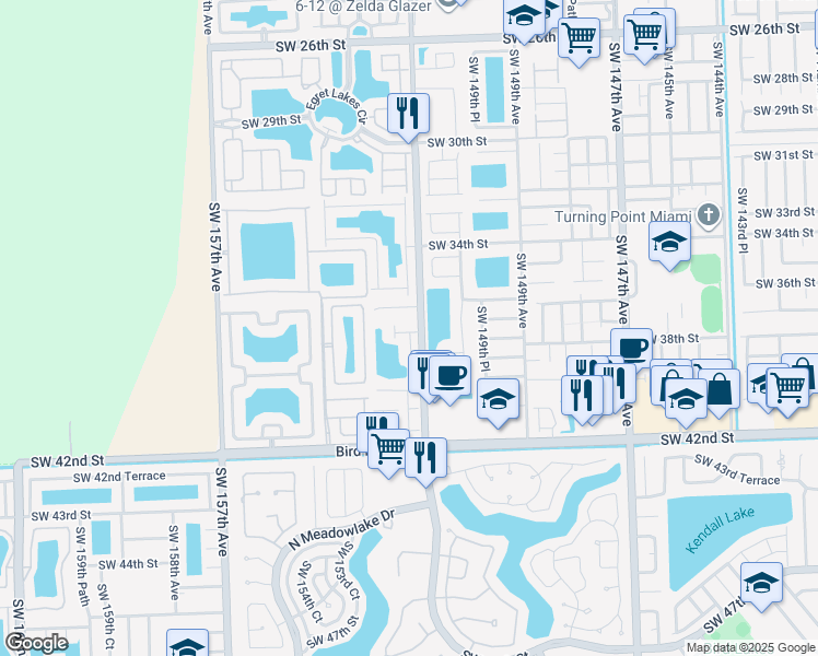 map of restaurants, bars, coffee shops, grocery stores, and more near 15257 Southwest 37th Terrace in Miami